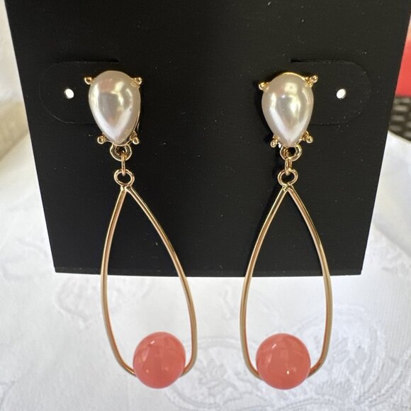 Laundry by Shelli Segal Orange Bead Pearl Goldtone Oval Hoops Dangle Drop NEW - Picture 7 of 10